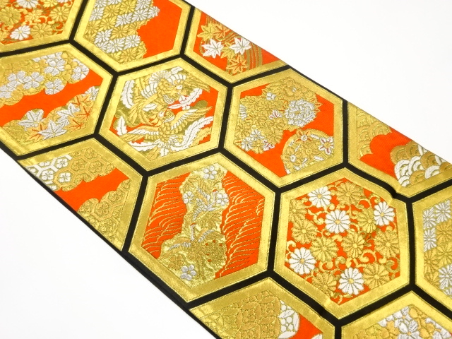 アンティーク　亀甲に鳳凰・鶴・草花模様織出し袋帯（着用可）